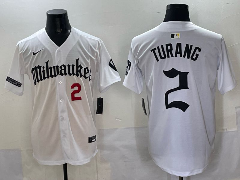 Men 2025 Milwaukee Brewers #2 Turang White Five generations Joint Name Nike MLB Jersey style 2
